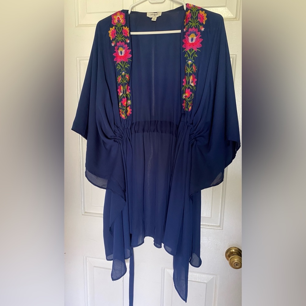 Umgee, Blue, Embroidered, Tie Kimono, Cardigan, Size M/L, Floral, Lightweight